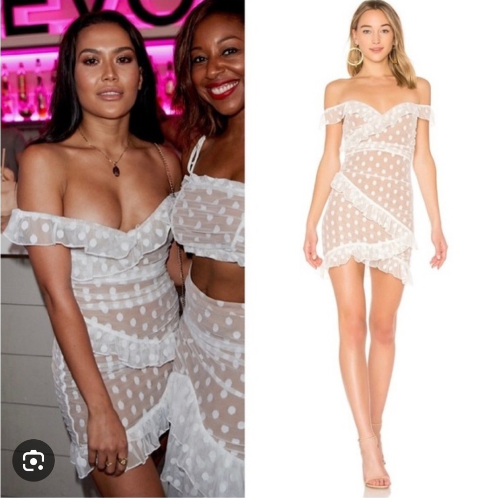 Revolve Majorelle Bandit Dress White Polka Dot Off-Shoulder bloggers favourite